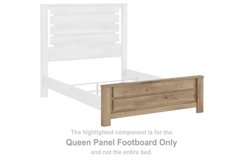 Queen panel footboard in tan wood with horizontal panel and tapered legs