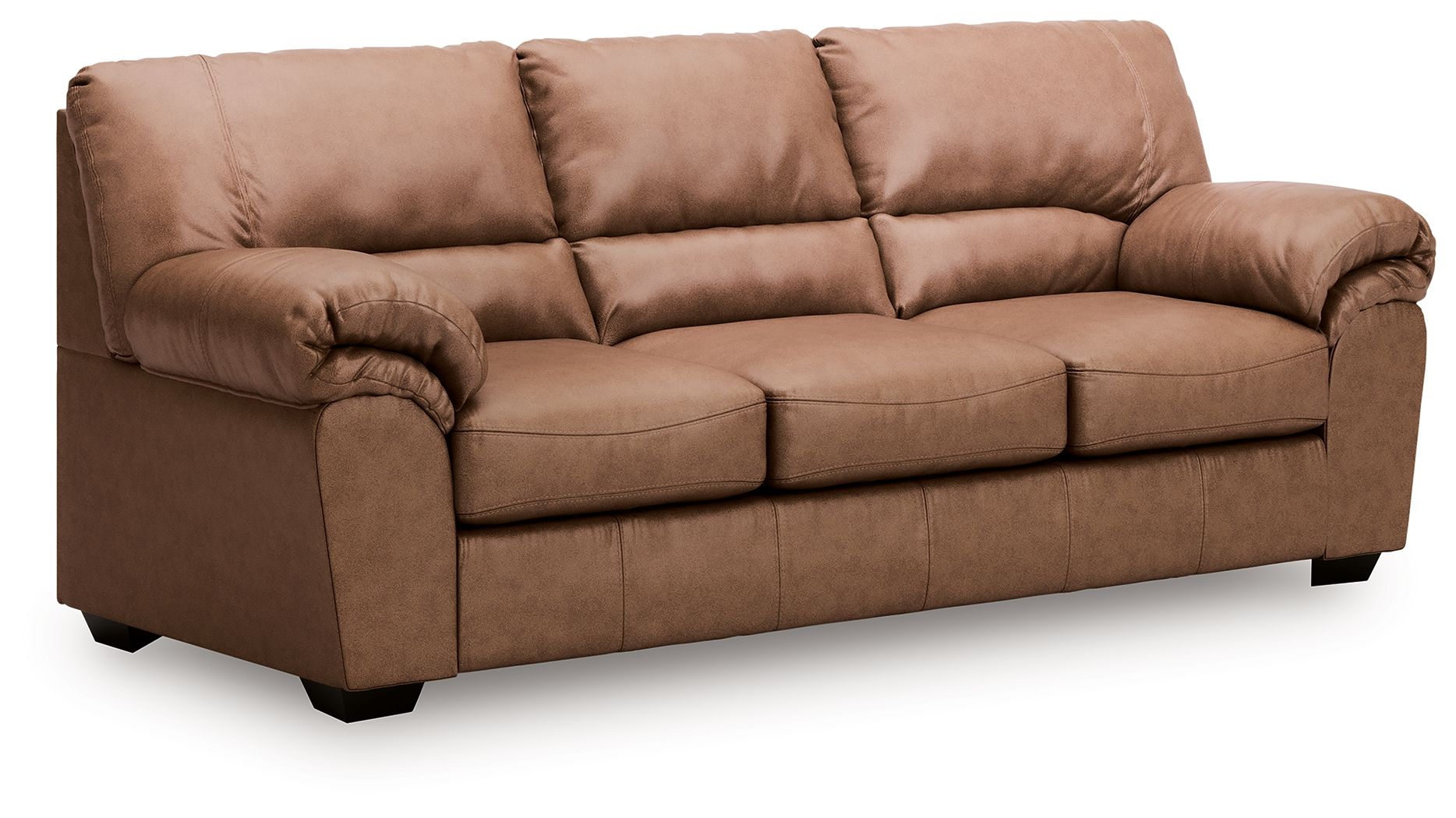3-seat sofa in light brown fabric with tufted back and rounded armrests
