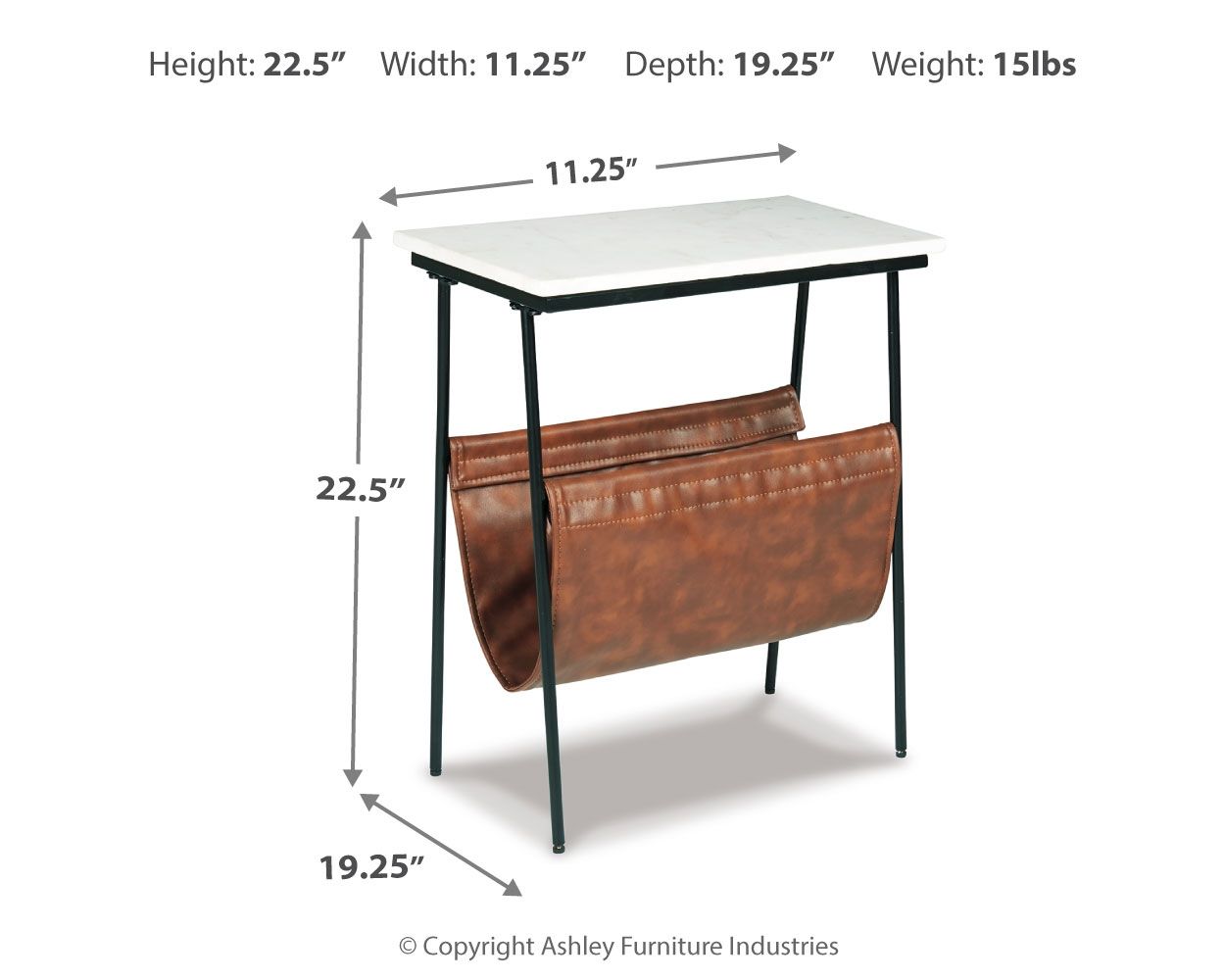 Accent table with white top, black frame, brown leather magazine holder; dimensions shown