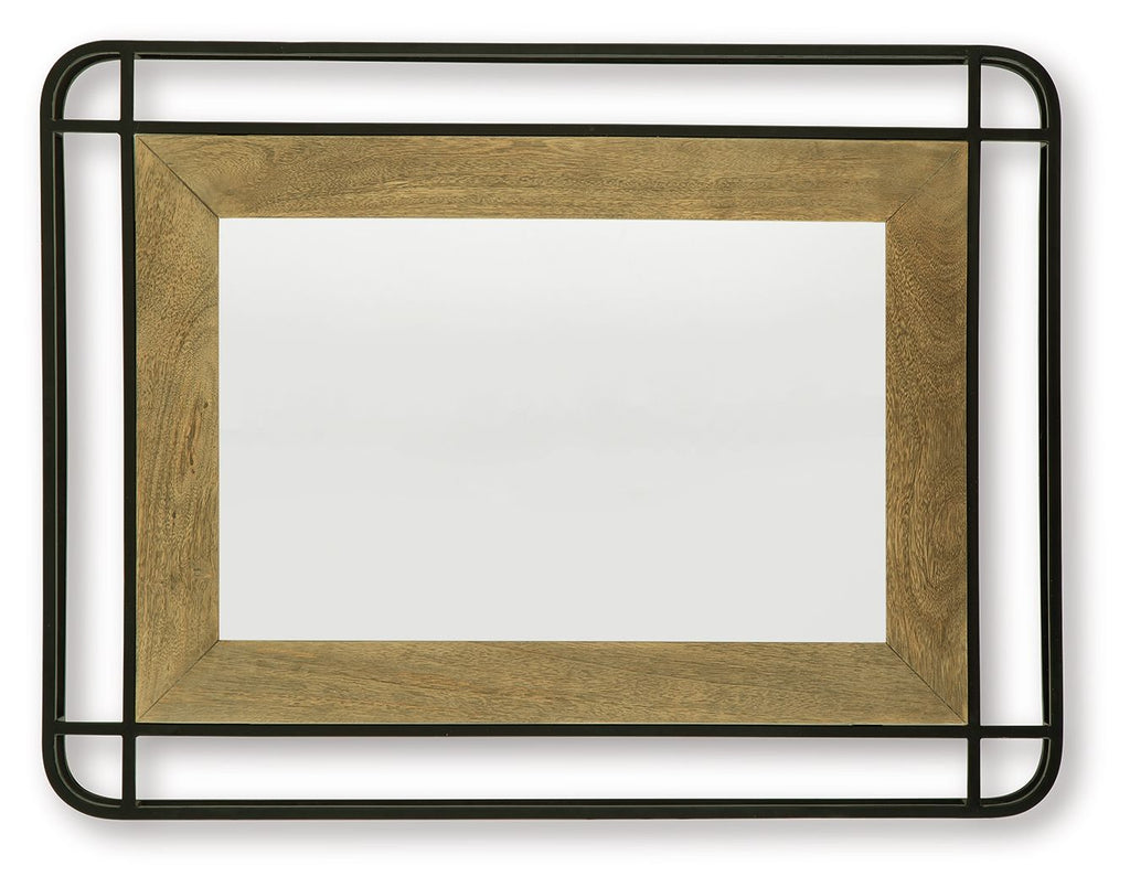 Accent mirror with black metal frame and distressed wood-tone inner border