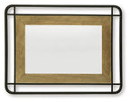 Accent mirror with black metal frame and distressed wood-tone inner border