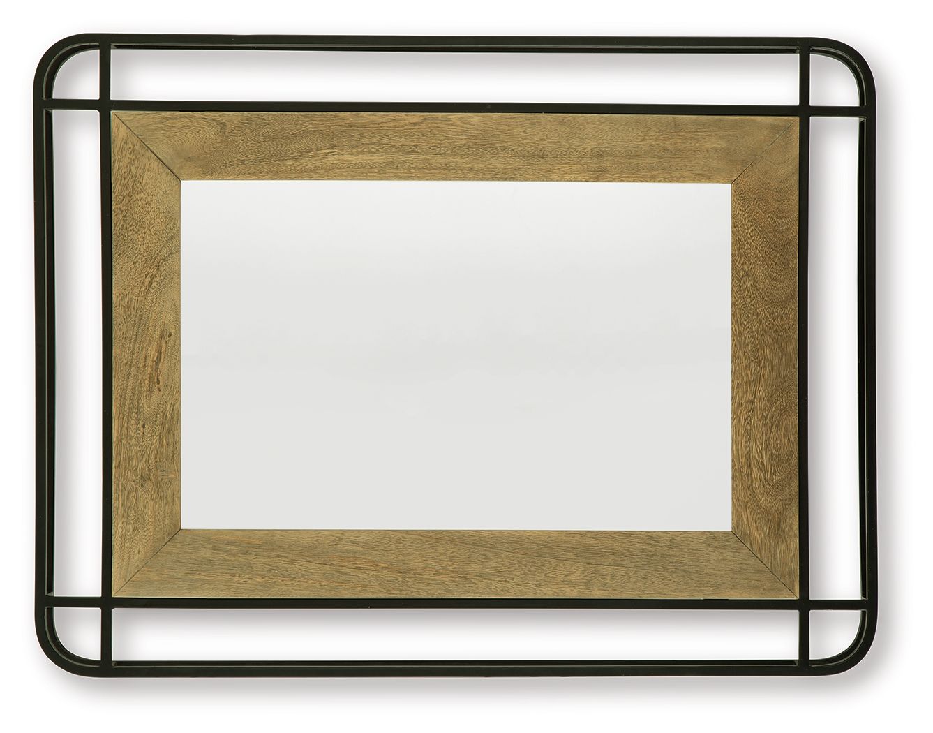 Accent mirror with black metal frame and distressed wood-tone inner border