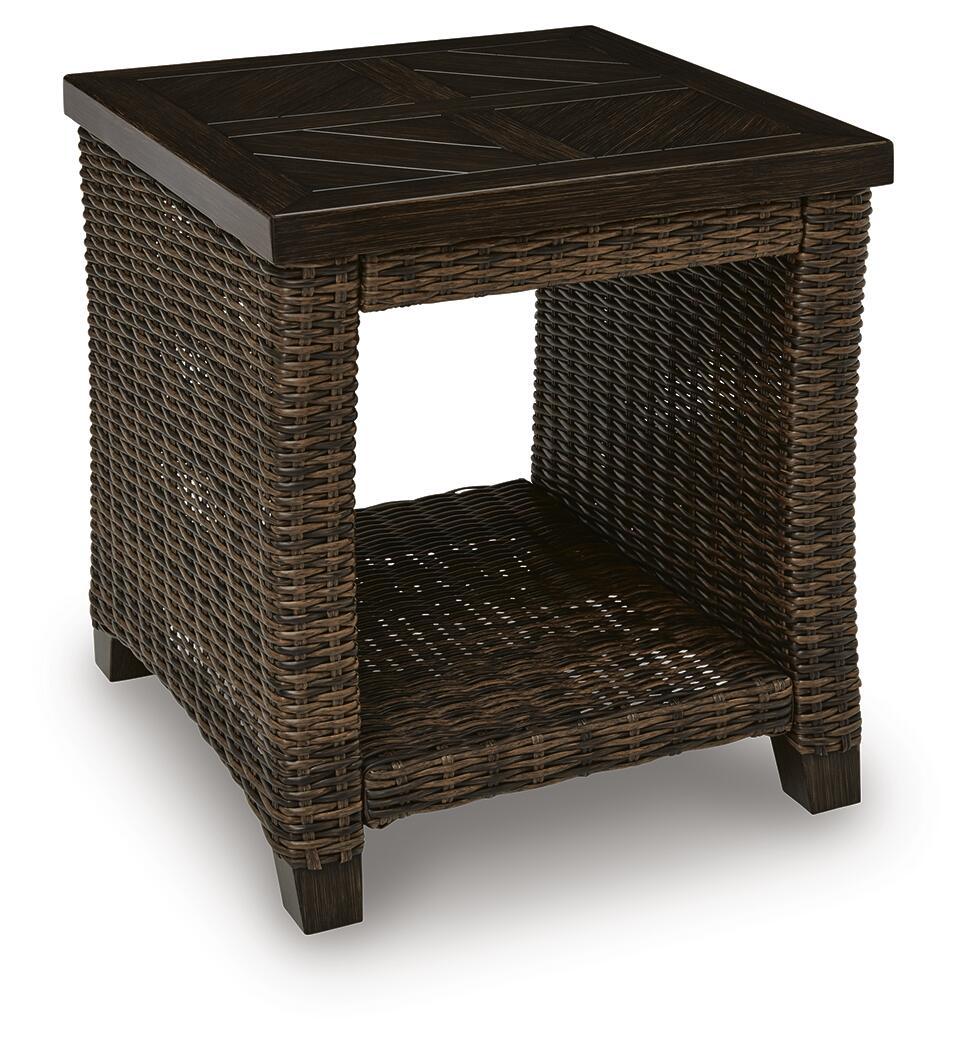 Dark brown rectangular end table with woven wicker frame and open lower compartment