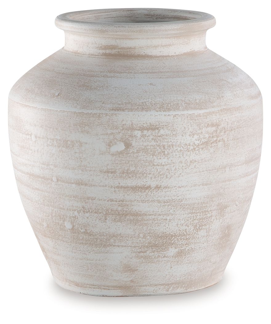 White ceramic vase with rounded body and short flared top opening