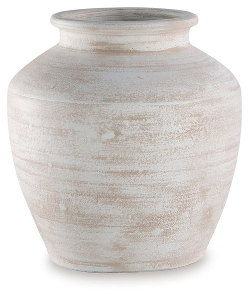 White ceramic vase with rounded body and short flared top opening
