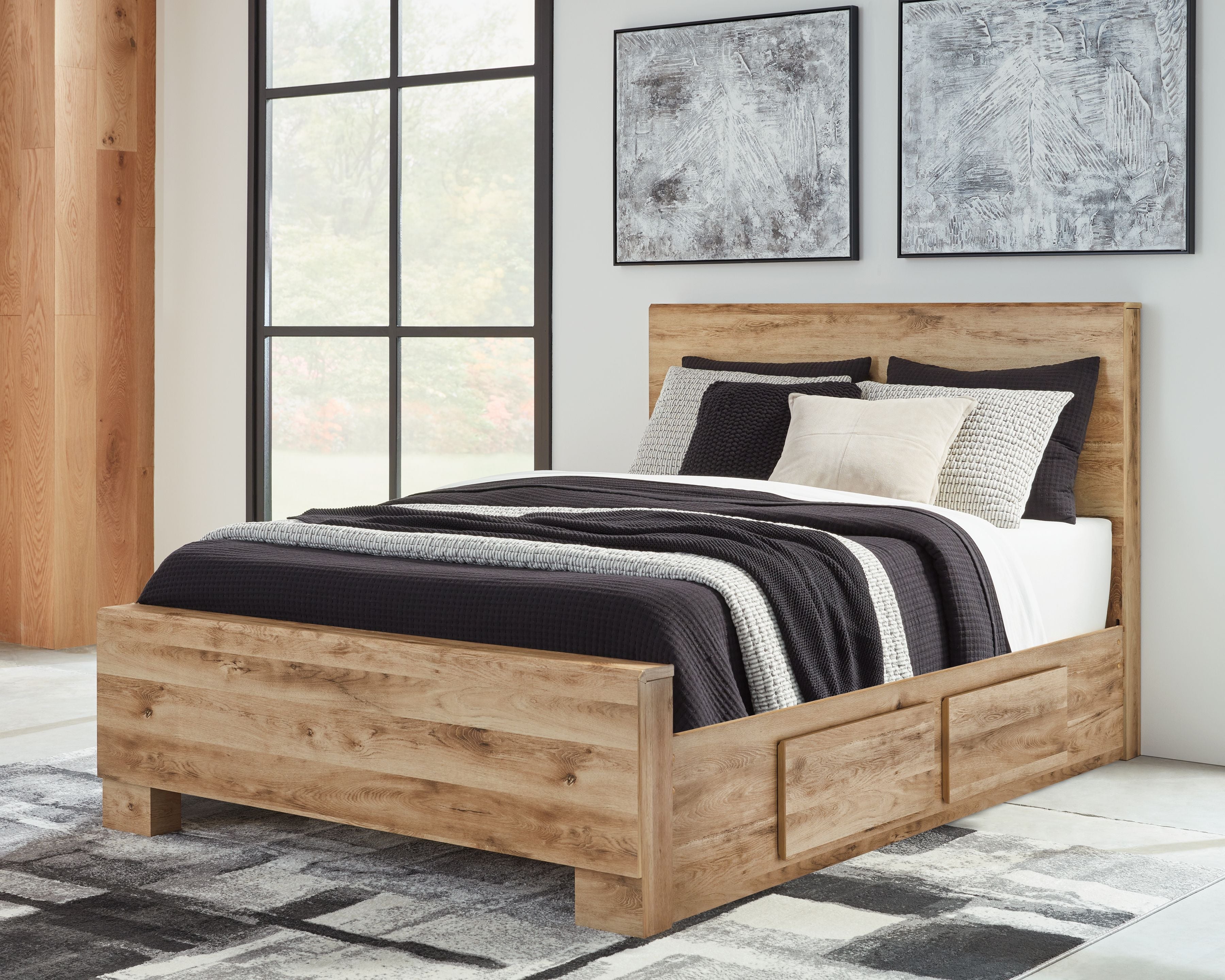 Storage bed with side drawers, light beige wood, dressed with dark and white bedding set