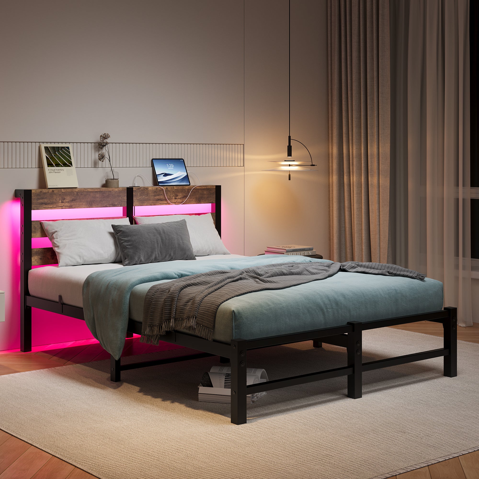 Full Size Rustic Brown Bed Frame: RGB, USB, Storage, Wood Headboard