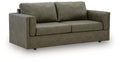 Olive green fabric sofa with square arms and two seat cushions