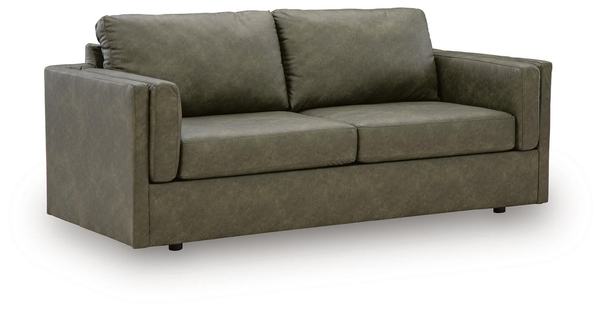 Olive green fabric sofa with square arms and two seat cushions