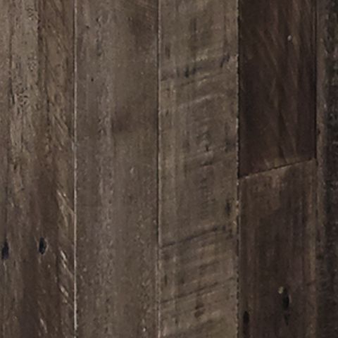 Wood panel bed frame close-up with dark distressed plank texture and seams