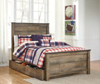 Dark brown panel bed with paneled headboard and plaid bedding on the platform
