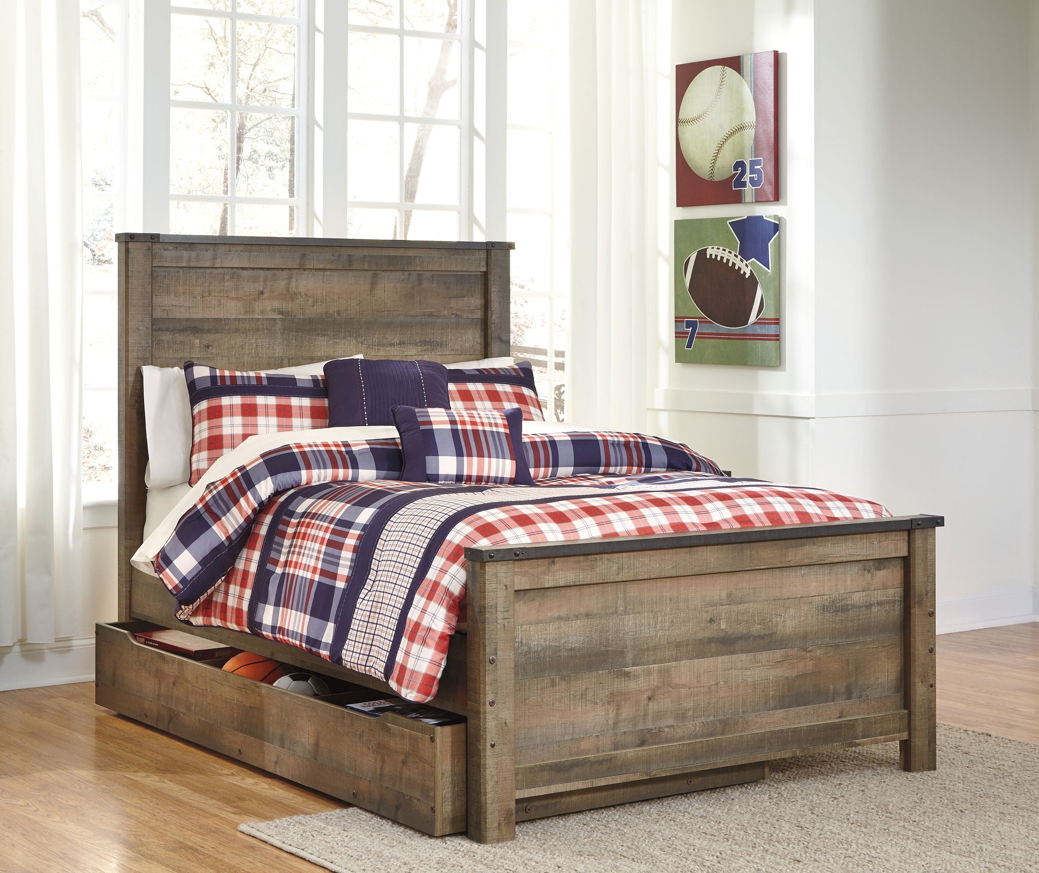 Dark brown panel bed with paneled headboard and plaid bedding on the platform