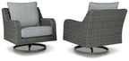 Gray swivel lounge chair with woven fabric and light gray cushion, round dark base