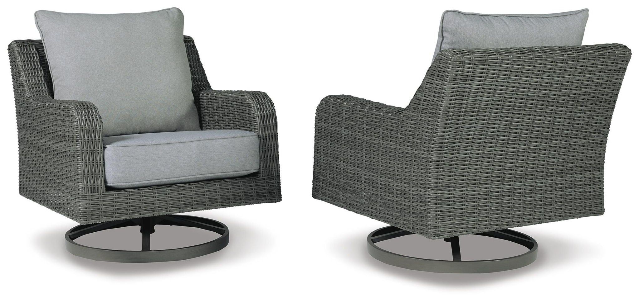 Gray swivel lounge chair with woven fabric and light gray cushion, round dark base