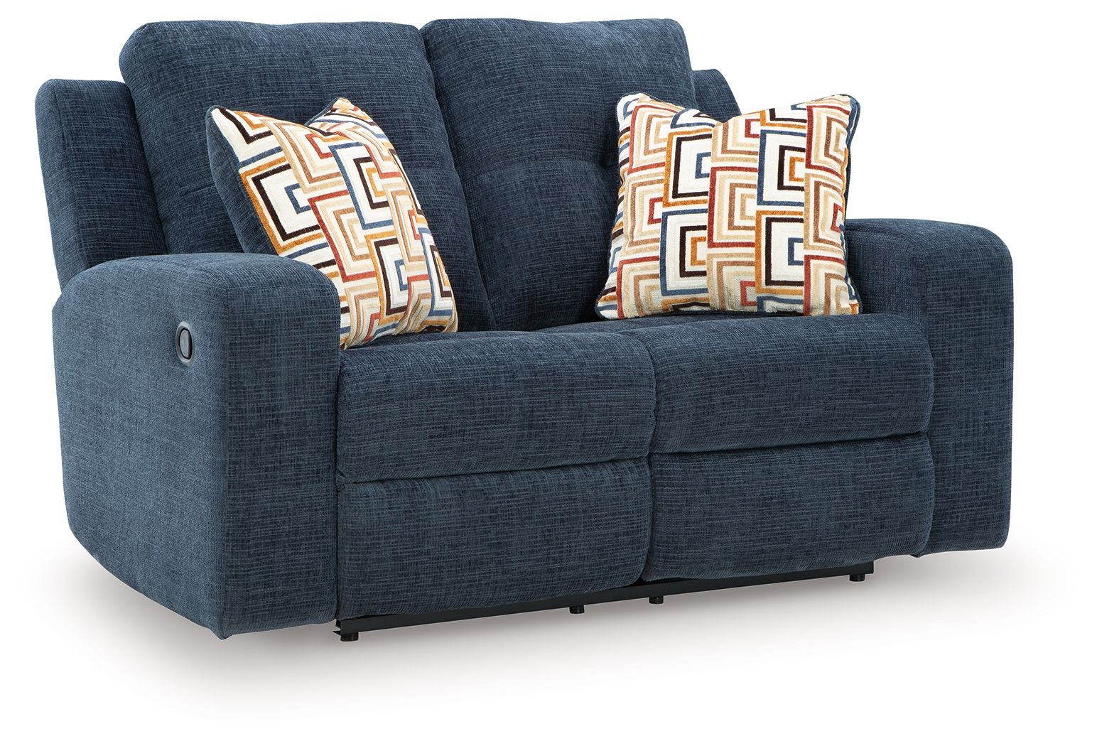 Reclining loveseat in blue fabric with two geometric patterned throw pillows