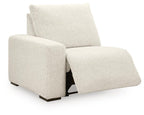 Beige upholstered power recliner chair with extended footrest and left-facing arm