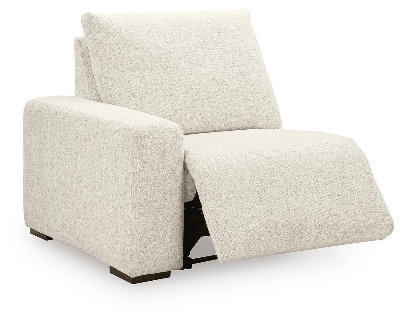 Beige upholstered power recliner chair with extended footrest and left-facing arm