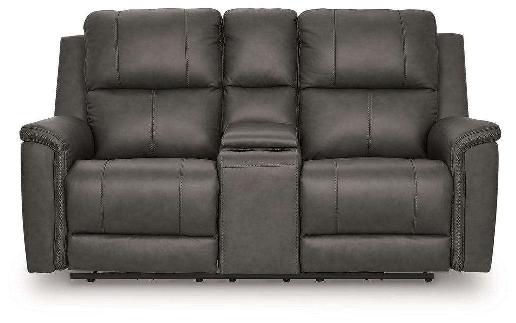Power reclining loveseat with console, dark gray upholstery and padded armrests