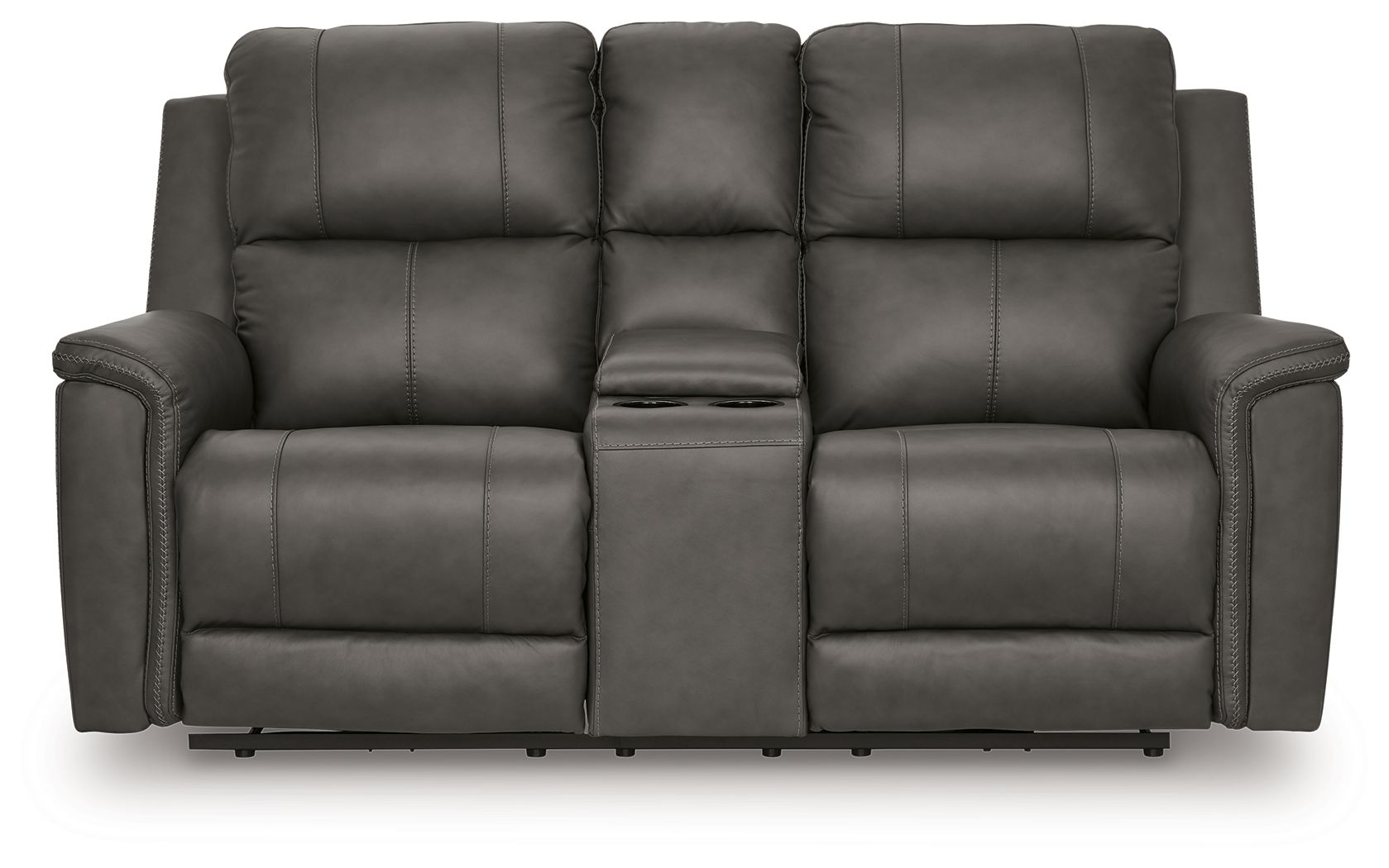 Power reclining loveseat with console, dark gray upholstery and padded armrests