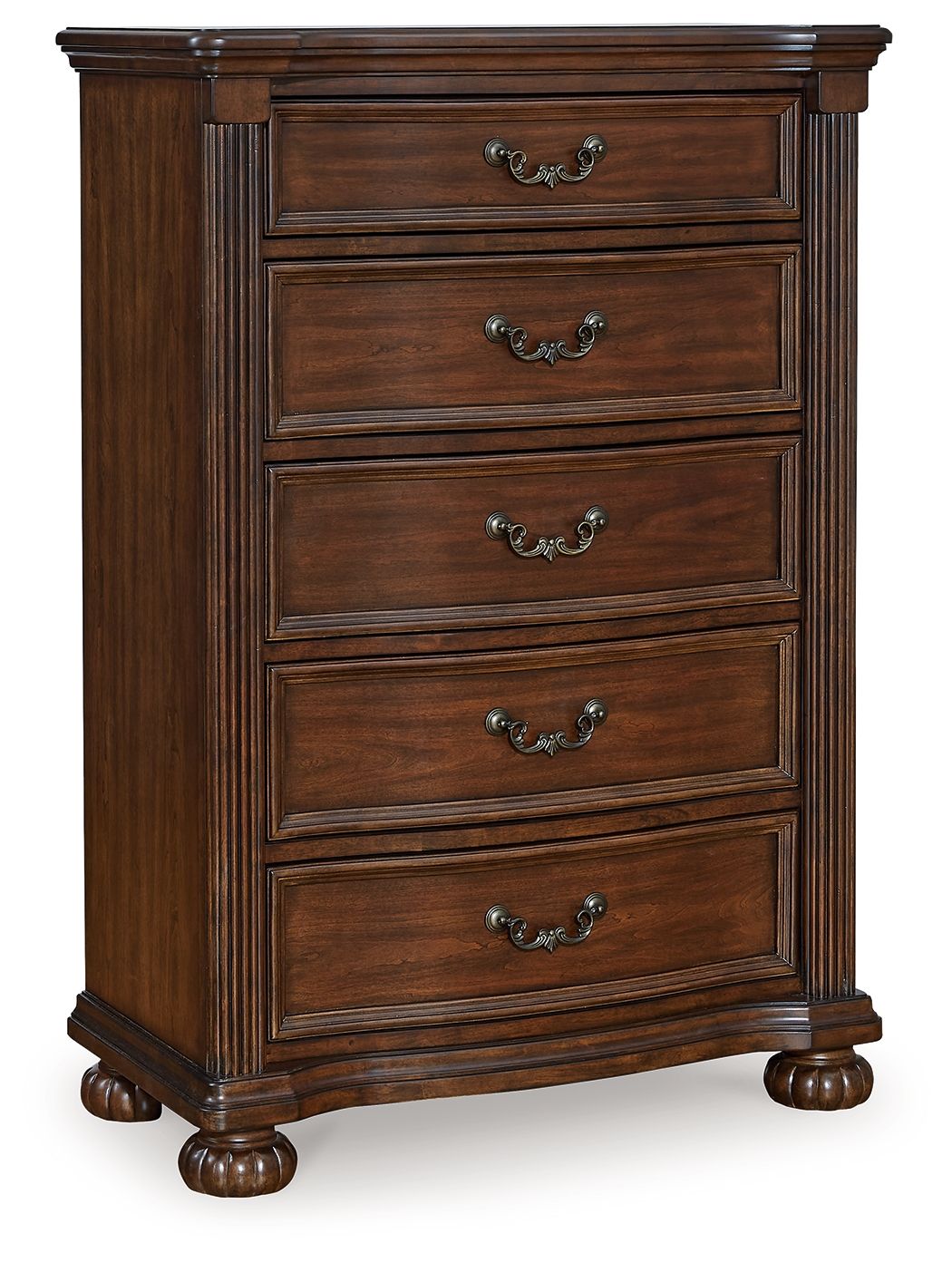 Brown five-drawer wooden chest with ornate metal handles and turned bun feet