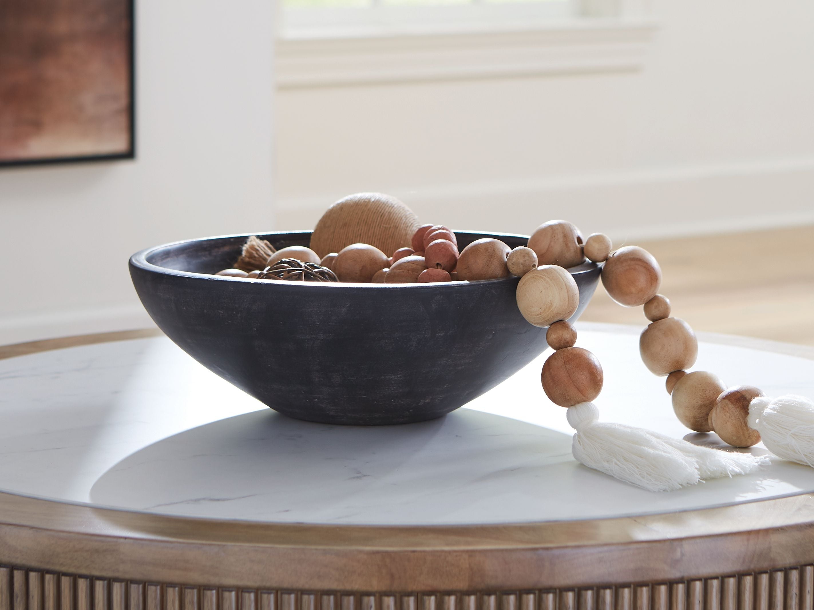 Meadie bowl, dark charcoal ceramic with wooden bead garland