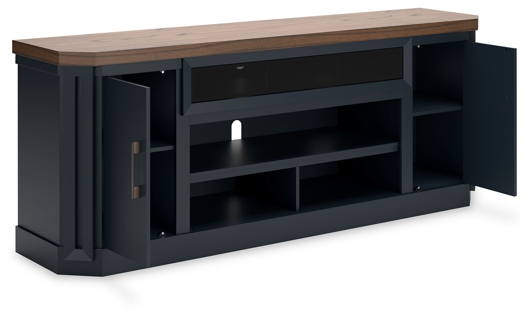 Dark blue TV stand with wood top and open shelves, side doors visible