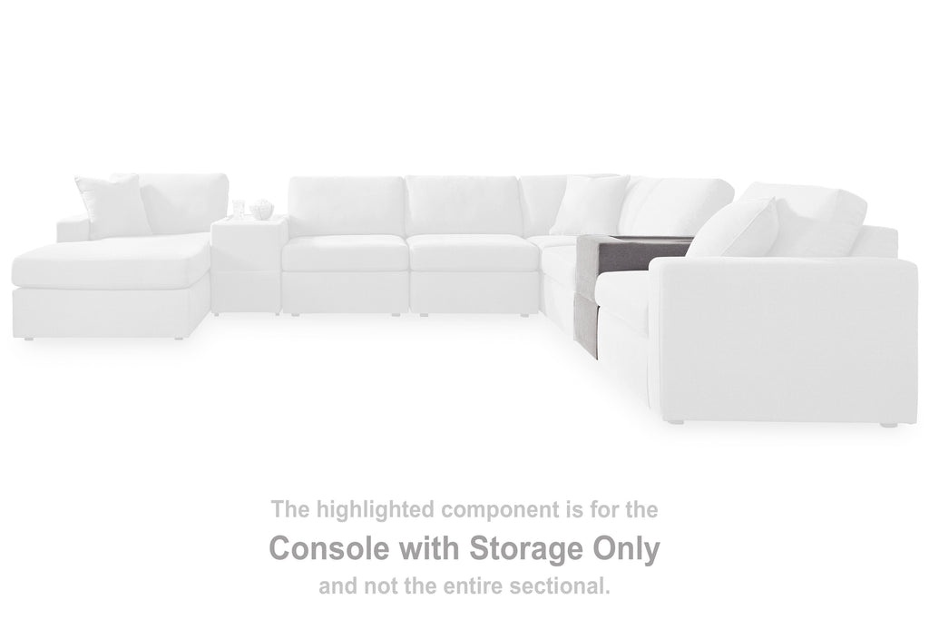 White sectional seating with storage console unit at front right