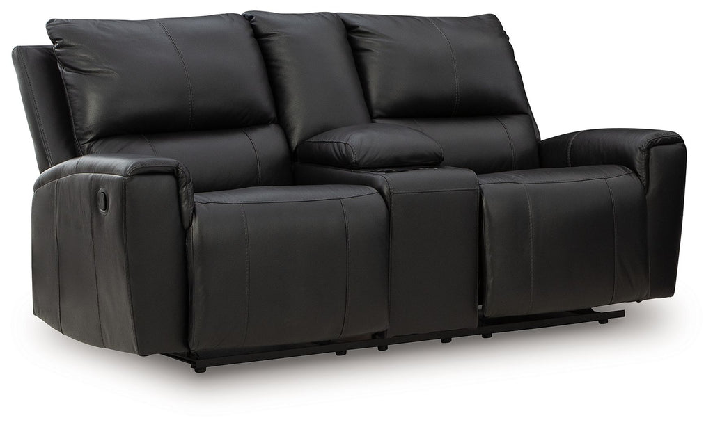 Black reclining loveseat with console, padded armrests, tufted back cushions