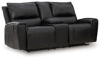Black reclining loveseat with console, padded armrests, tufted back cushions