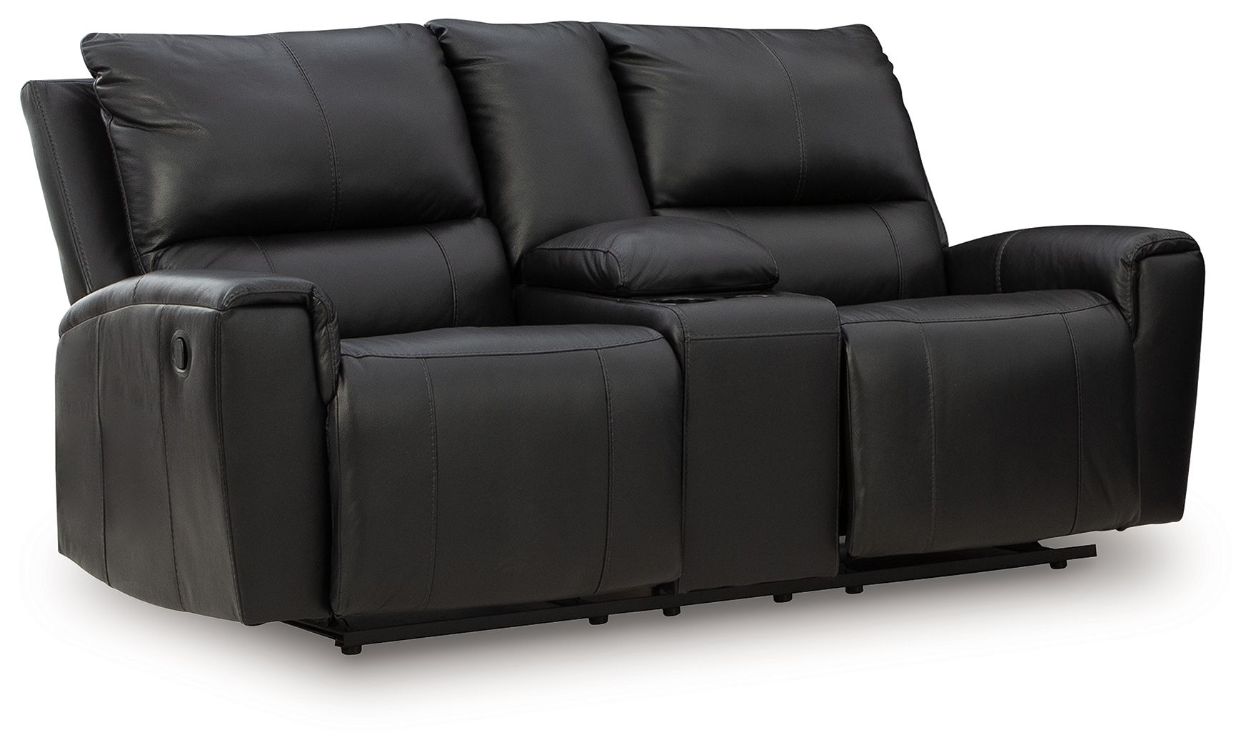 Black reclining loveseat with console, padded armrests, tufted back cushions