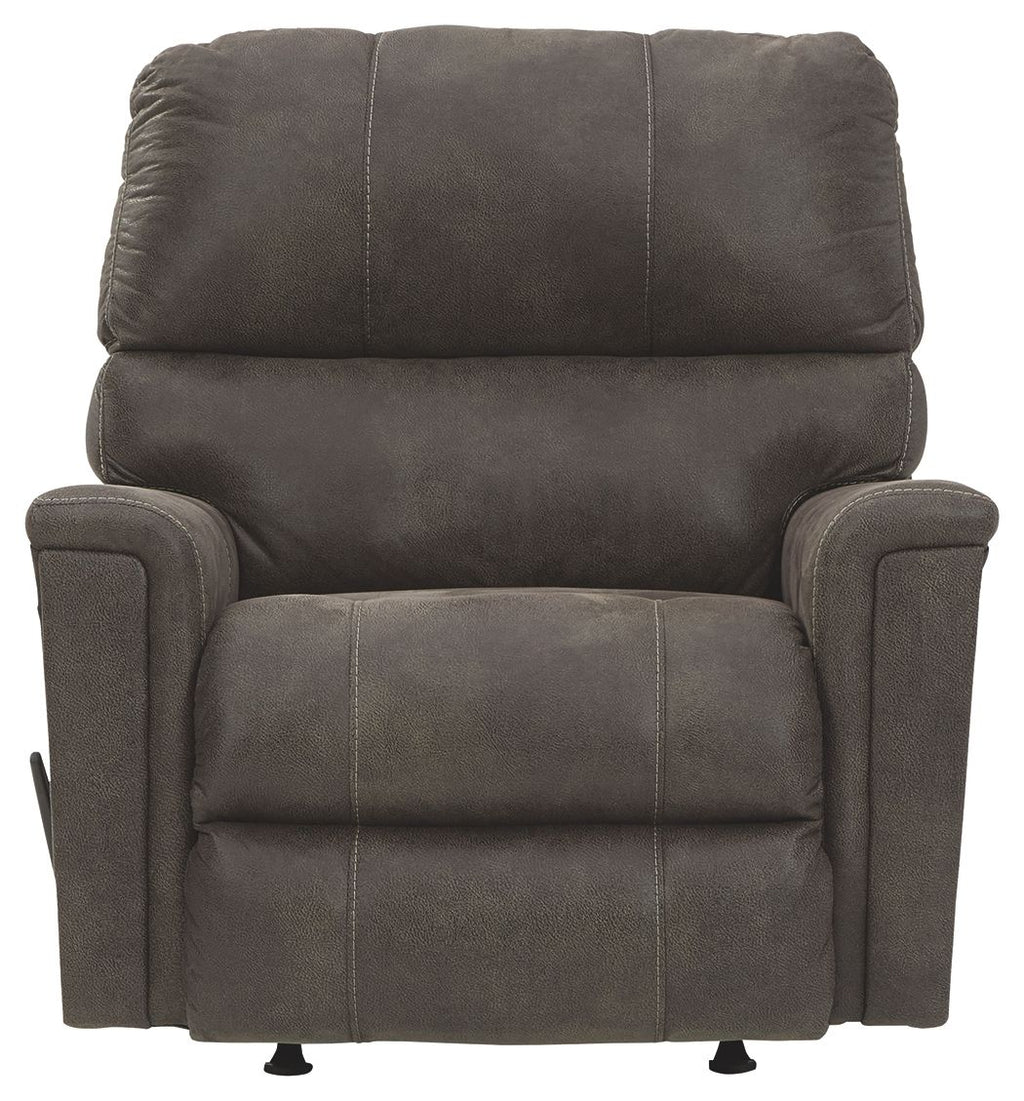 Smoke rocker recliner chair with padded back, armrests, and stitched tufted panels