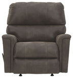 Smoke rocker recliner chair with padded back, armrests, and stitched tufted panels