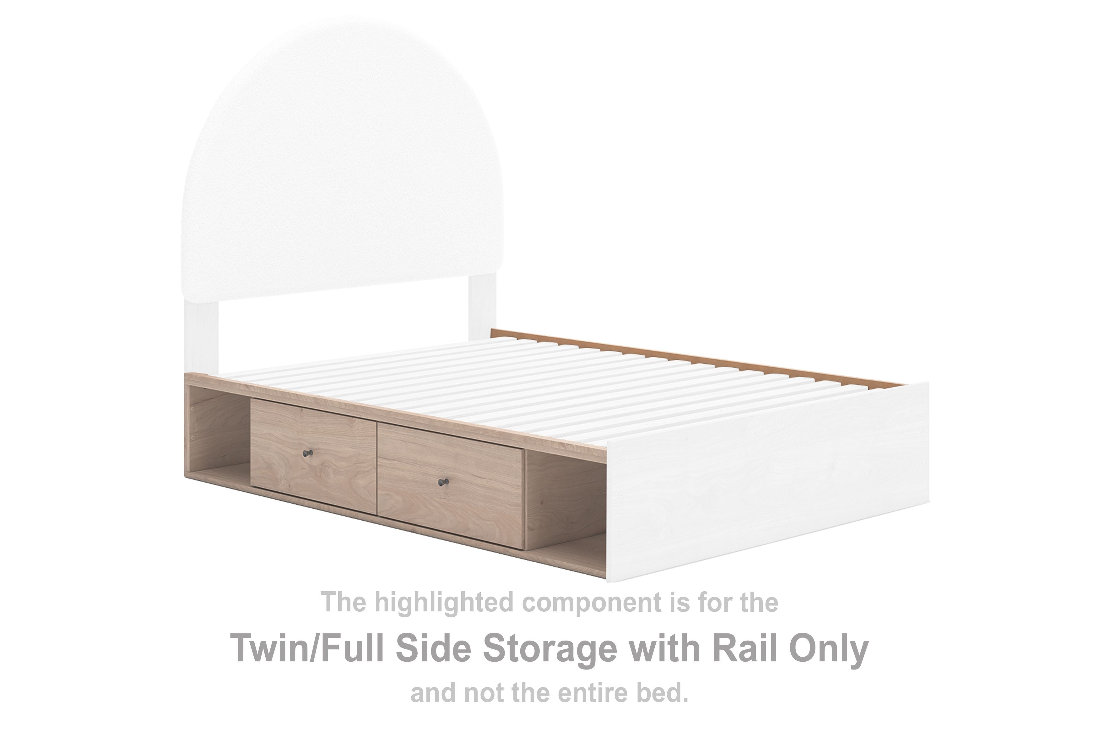 Tan side storage bed rail with two drawer compartments and slatted top