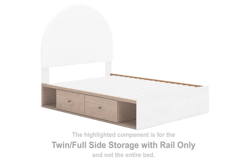 Tan side storage bed rail with two drawer compartments and slatted top