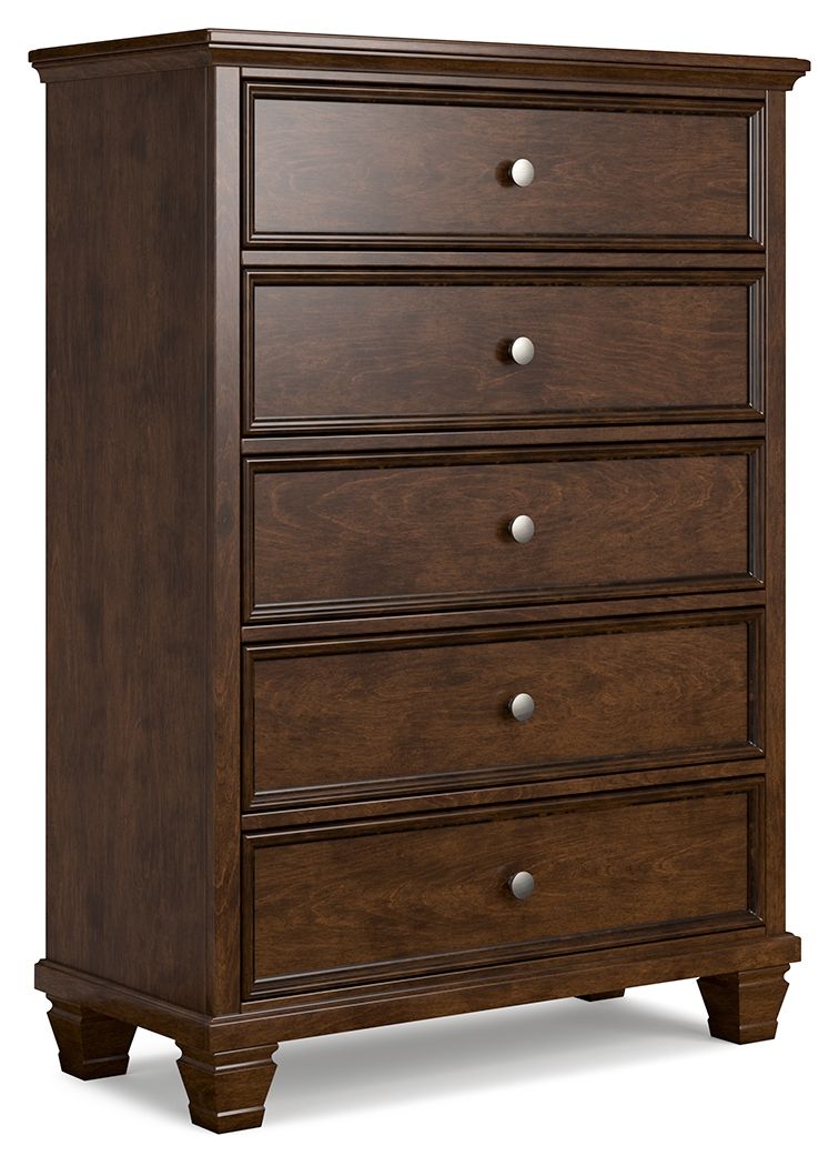 Brown five-drawer chest, front view with round metal knobs and dark wood finish