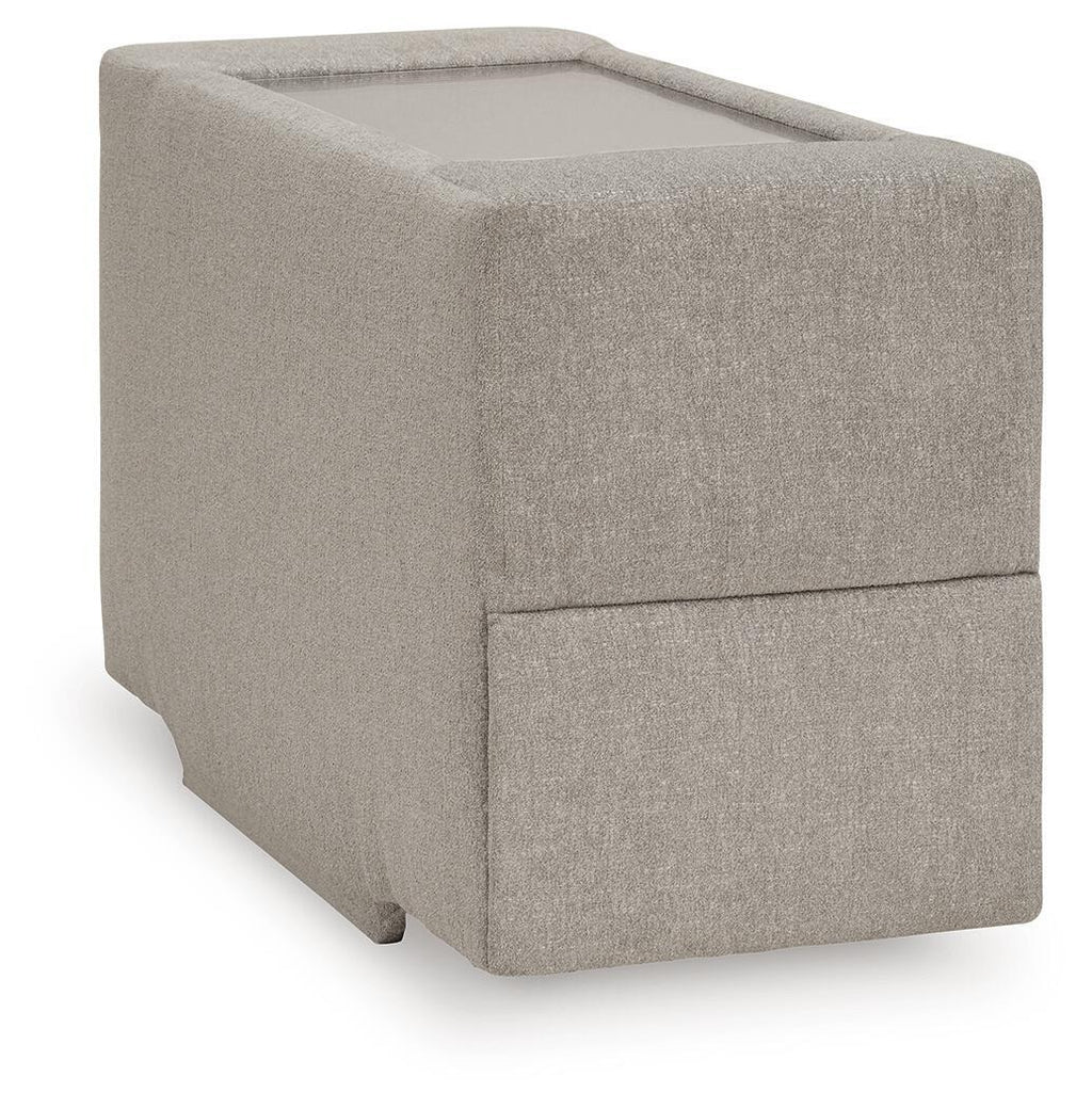 Light gray upholstered console with storage, square top and clean base