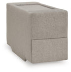 Light gray upholstered console with storage, square top and clean base