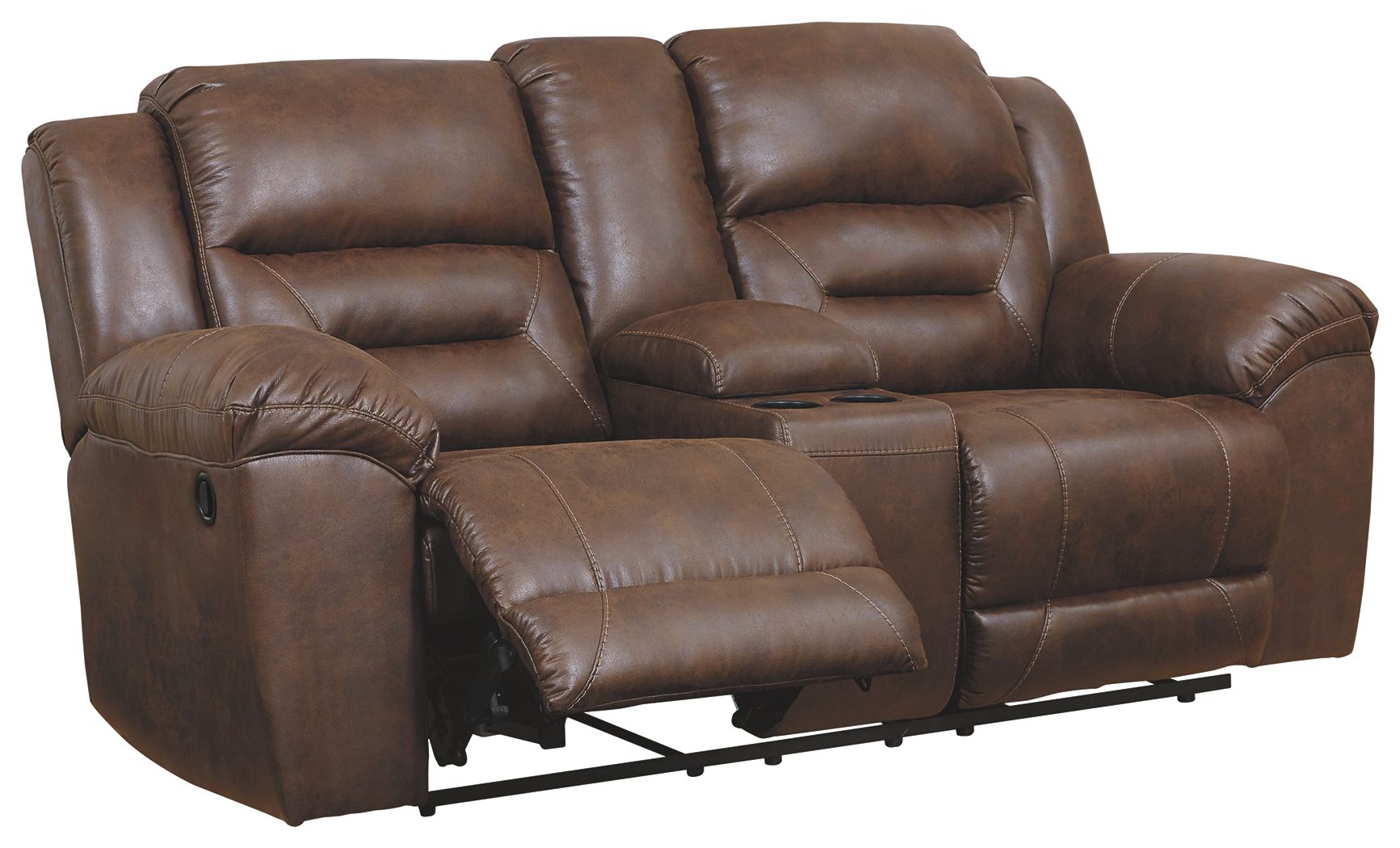 Stoneland power reclining loveseat in dark brown, padded arms and recliner seats with footrests