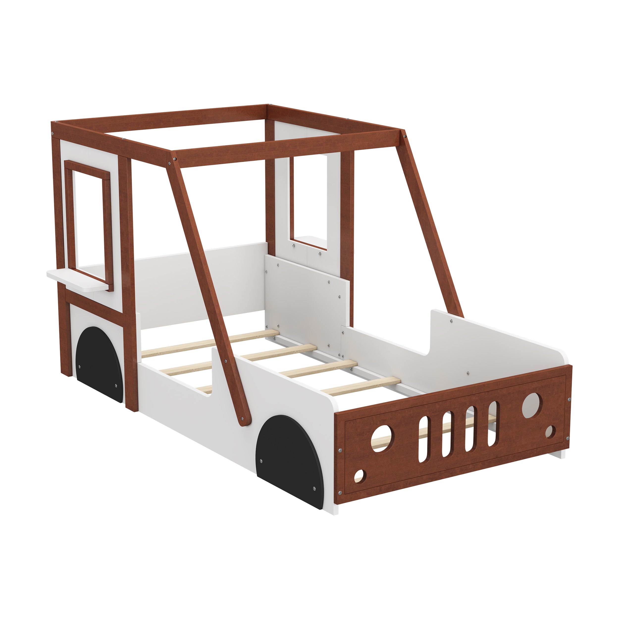 Fun Play Design Twin Car Bed for Kids & Teens - White/Orange Solid Wood
