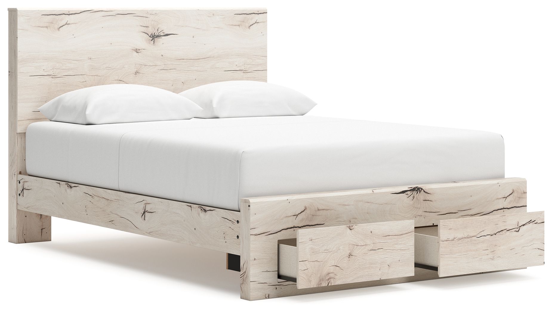 Light beige panel storage bed with low frame and drawer footboard openings visible