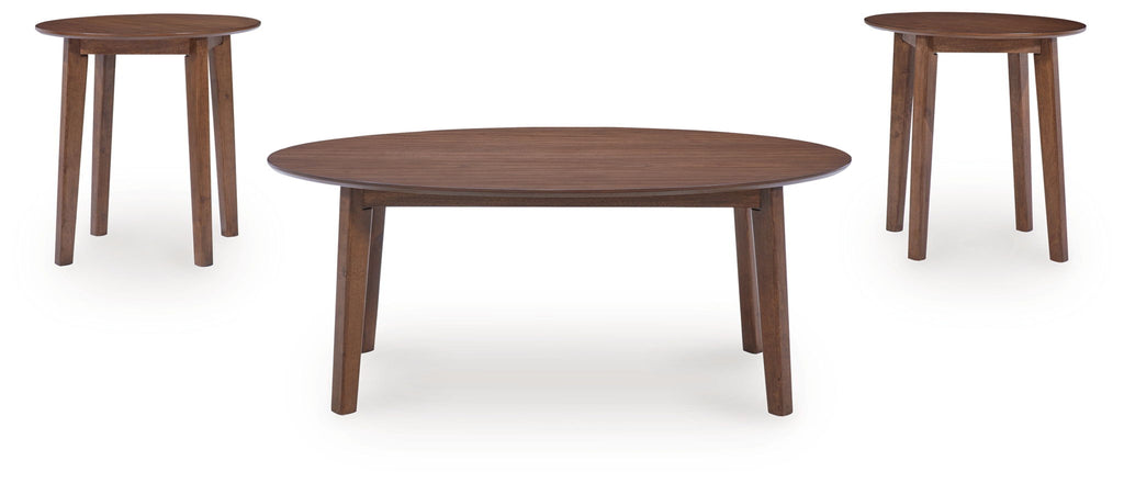Brown wooden occasional table set, round coffee table with two small side tables