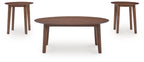 Brown wooden occasional table set, round coffee table with two small side tables