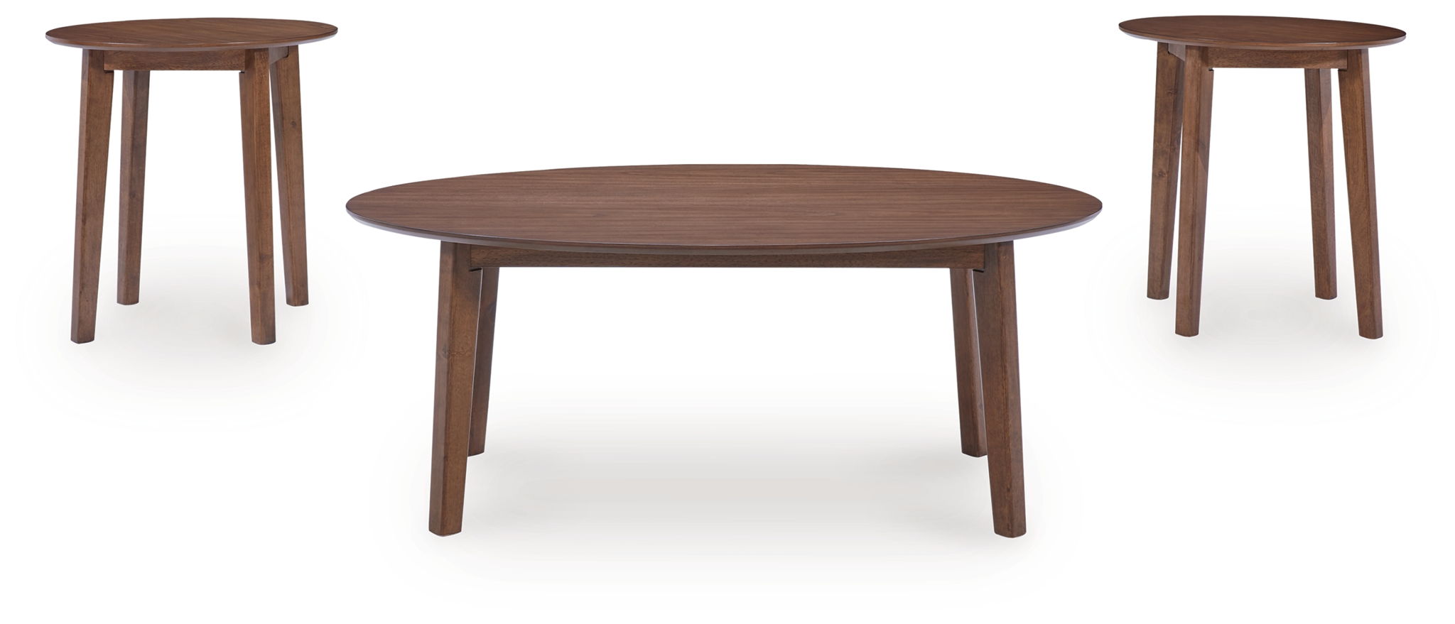 Brown wooden occasional table set, round coffee table with two small side tables