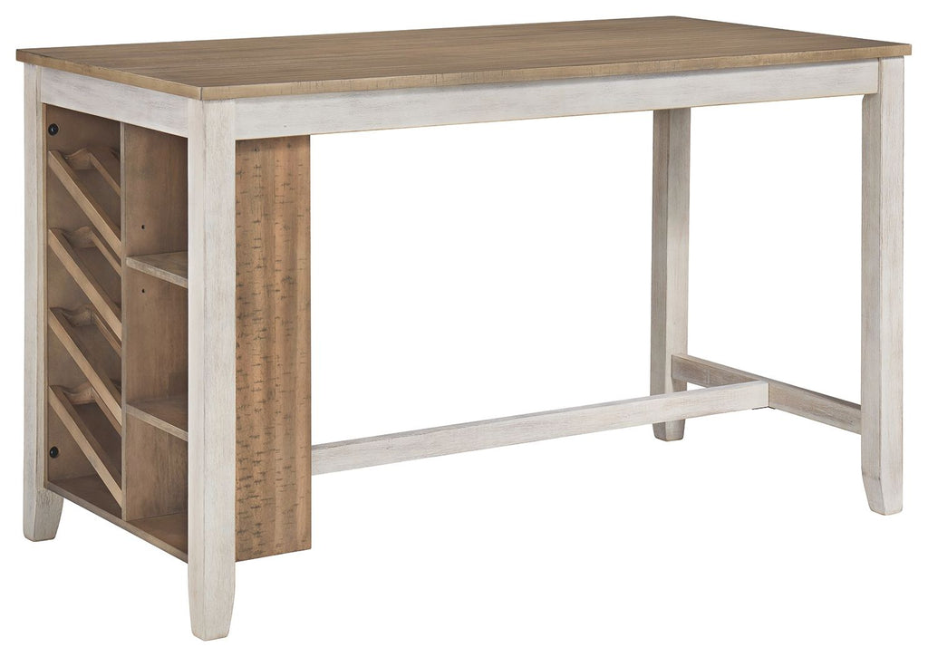 Rectangular counter table with open storage shelves and weathered gray wood finish