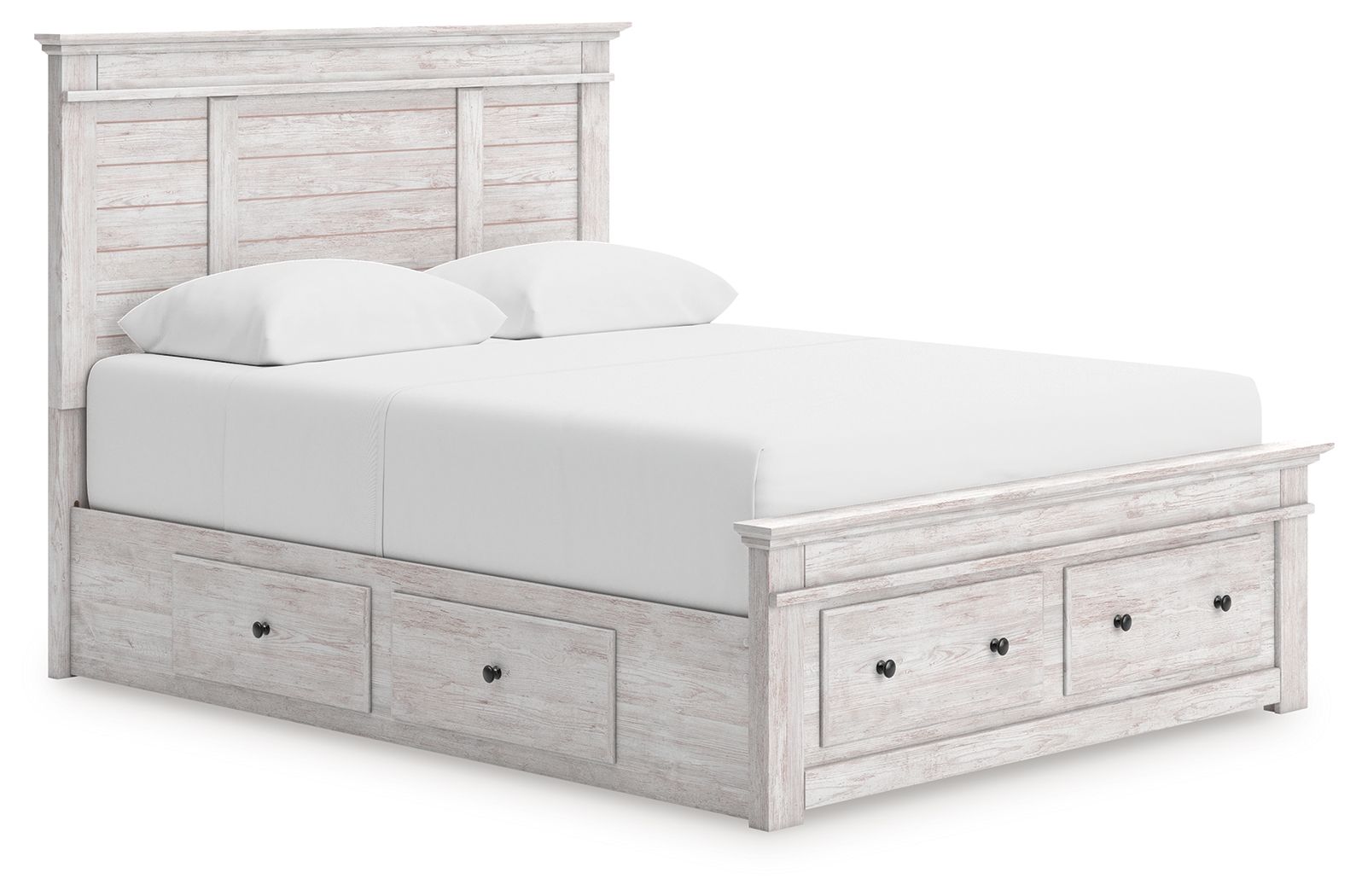 White panel storage bed with storage drawers and paneled headboard.