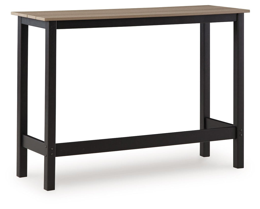 Outdoor counter table with black frame and beige tabletop