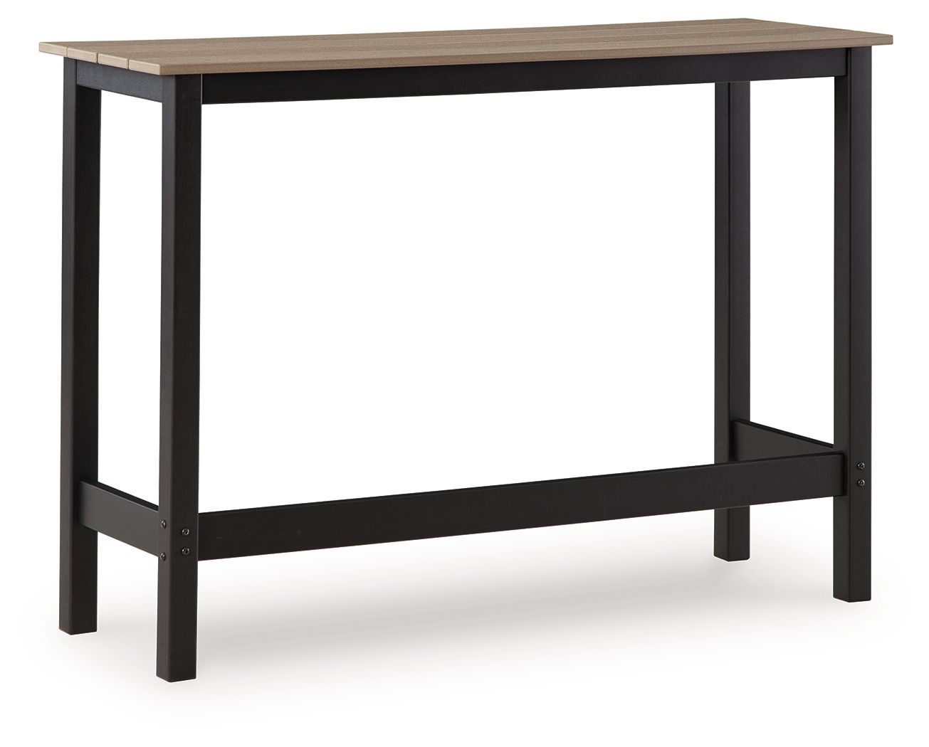 Outdoor counter table with black frame and beige tabletop