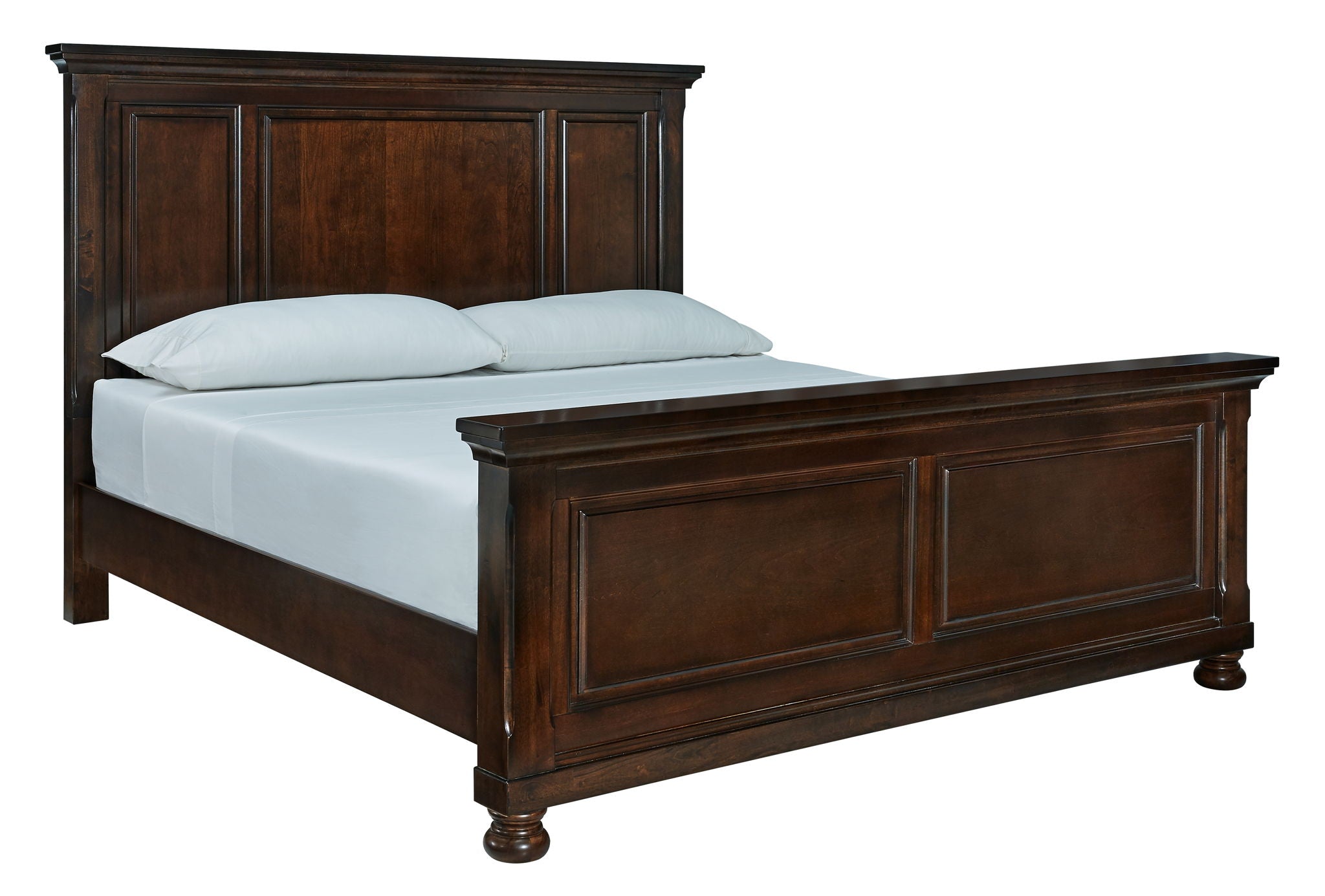 Dark brown panel bed frame with paneled headboard and matching footboard