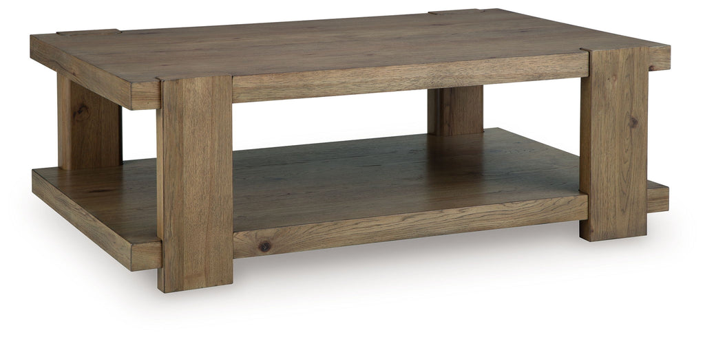 Light brown rectangular cocktail table with lower shelf and open sides