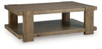 Light brown rectangular cocktail table with lower shelf and open sides